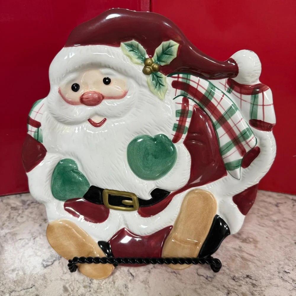 Fitz and Floyd Plaid Christmas Santa Claus Canape Plate Handcrafted‎ China